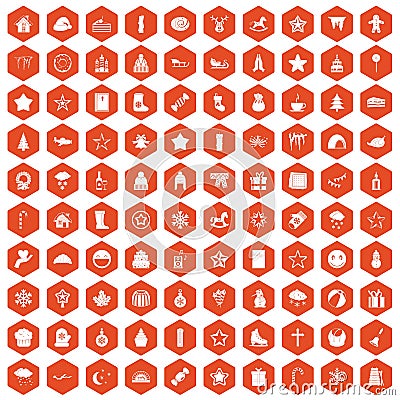 100 christmas icons hexagon orange Vector Illustration