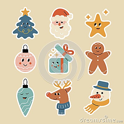 Christmas icons, Patches, Pins, Stamps, Stickers. Cute Trendy characters Vector Illustration