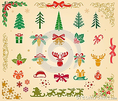 Christmas Icons Set on Parchment Vector Illustration