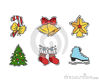 Christmas Icons set, vector outline and colour color illustrations Vector Illustration
