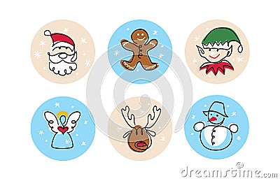 Christmas icons vector set of cartoon characters. Santa Claus, ginger man, elf, angel, deer and snowman. One continuous Vector Illustration