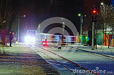 Christmas illuminated train arrived at the station. Blurred motion. Holiday decorations of train Stock Photo