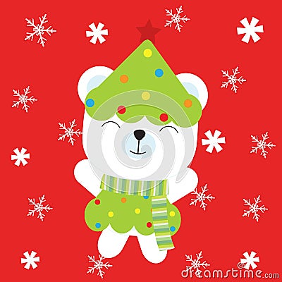 Christmas illustration with cute baby bear on snowflakes and red background Vector Illustration