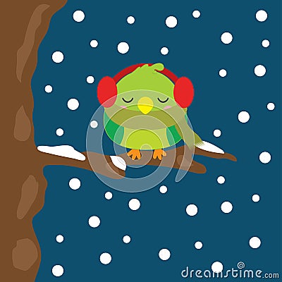 Christmas illustration with cute bird sleeps on snowfall at night background suitable for Xmas kid greeting season, wallpaper, and Cartoon Illustration