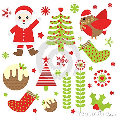 Christmas illustration with cute Santa Claus, bird, and Xmas ornaments suitable for Xmas sticker set and clip art Vector Illustration