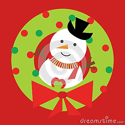Christmas illustration with cute snowman on Xmas wreath on red background Cartoon Illustration