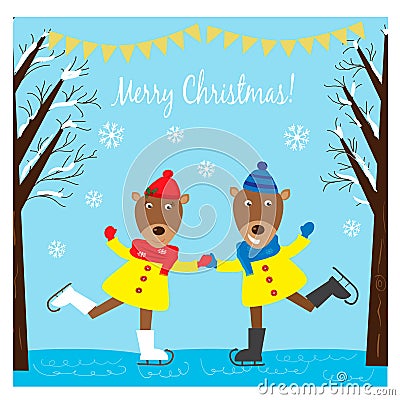 Christmas illustration with funny deers skating on the ice Vector Illustration