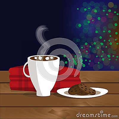 Christmas illustration of mug with hot cocoa, cookies on the plate and plaid Vector Illustration