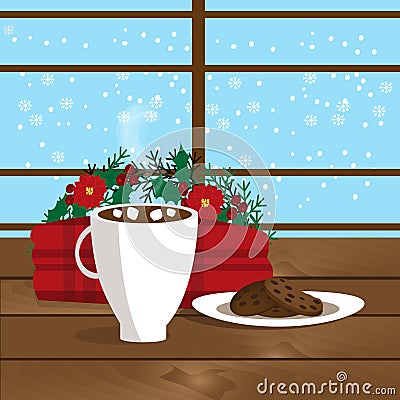 Christmas illustration of mug with hot cocoa, cookies on the plate and plaid near window Vector Illustration