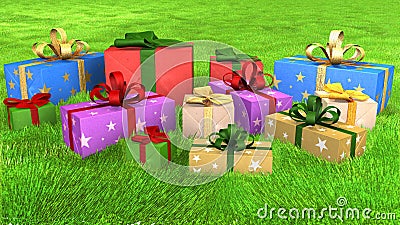 Christmas gifts arranged on a grassy meadow Cartoon Illustration