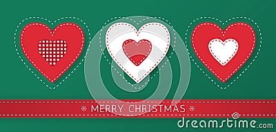 Christmas illustration with patchwork hearts and red ribbon. Embroidered decorative hearts on green background. - Vector Vector Illustration