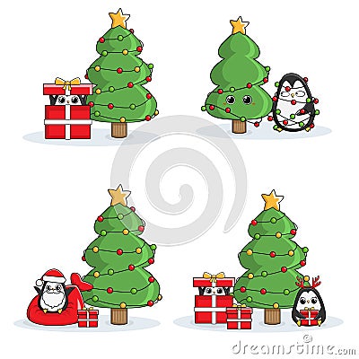 Christmas illustration penguins winter bright color tree Cartoon Illustration