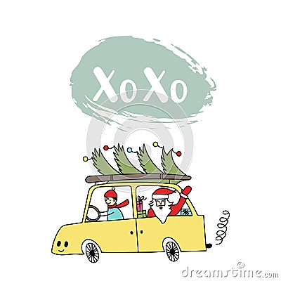 Christmas illustration - Santa on the car carries a Christmas tree. Vector illustration. Cartoon Illustration