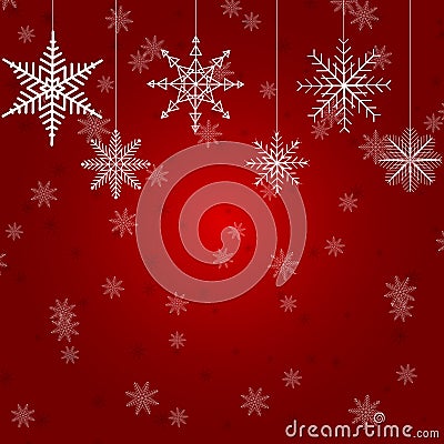 Christmas illustration with several hanging snowflakes on red background Vector Illustration