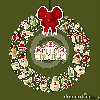 Christmas illustration of wreath with stickers. Vector Illustration