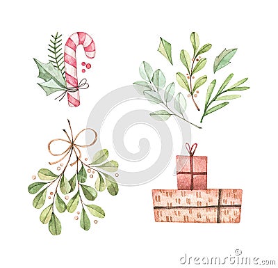 Christmas illustrations with eucalyptus, fir branch, candy, mistletoe and gift boxes - Watercolor illustration. Happy new year. Wi Cartoon Illustration