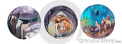 Christmas illustrations: Nativity scene, Virgin Mary with Joseph, baby Jesus Christ in a manger, Star of Bethlehem. Shepherds on Cartoon Illustration