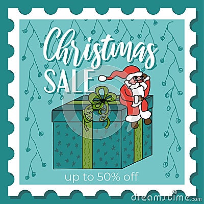 Christmas instagram illustration - stamp with Santa Claus sitting on a big gift Vector Illustration