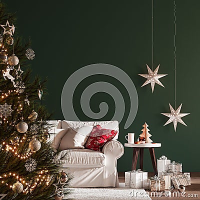 Christmas interior with Christmas tree and empty green wall background Stock Photo