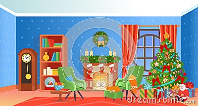 Christmas interior with fireplace, Christmas tree, window, armchairs, bookshelf, desk. Ð¡artoon vector illustration Vector Illustration