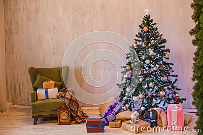 Christmas Interior home Christmas tree and gifts new years winter Garland lights Stock Photo