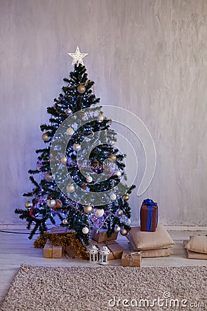 Christmas Interior home Christmas tree and gifts new years winter Garland lights Stock Photo