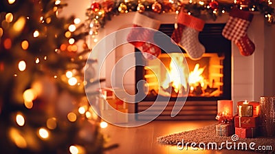 Christmas interior. magical glowing Christmas tree, fireplace and gifts Stock Photo