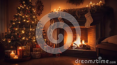 christmas interior. magical glowing Christmas tree, fireplace, gifts i Stock Photo