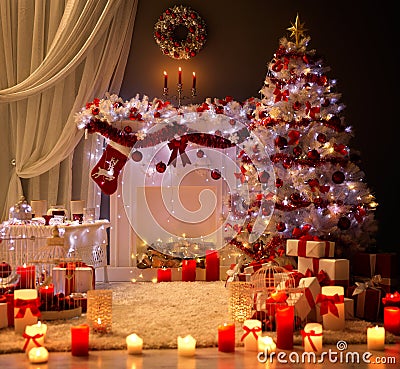 Christmas Interior, Xmas Tree Fireplace Light, Decorated Room Stock Photo