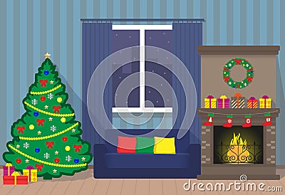 Christmas interior with xmas tree, fireplace, sofa, window, wreath, gift boxes. Flat style illustration. Cartoon Illustration