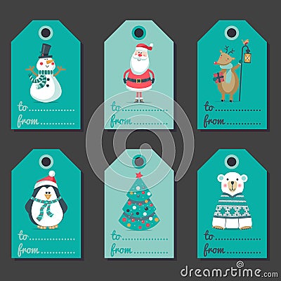 Christmas invitation with Santa, tree. snowman, deer and penguin., Stock Photo