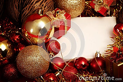 Christmas items in red and gold theme with white frame for write word Stock Photo