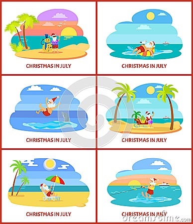 Christmas in July Santa Claus with Snowman of Sand Vector Illustration