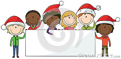 Christmas kids with banner Vector Illustration