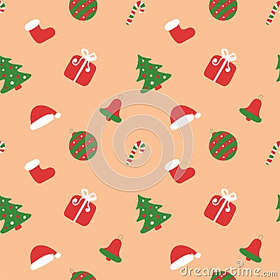 Christmas kids pattern. Winter holiday wallpaper. Seamless texture for the New Year. Santa`s boot and hats. Christmas tree, bag, Vector Illustration