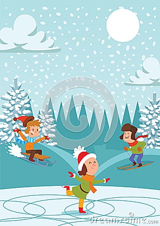 Christmas kids playing winter games skating, skiing, sledding, girl dresses up Christmas tree, boy and girl makes a snow Vector Illustration