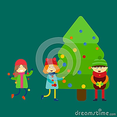 Christmas kids playing winter games skiing cartoon new year winter holidays characters vector illustration. Vector Illustration