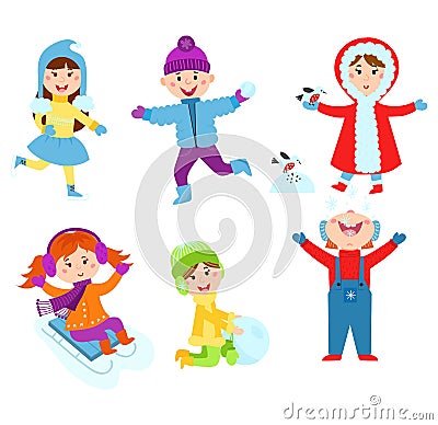 Christmas kids playing winter games Vector Illustration