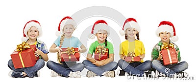 Christmas Kids, Present Gift Box, Children in Xmas Santa Hat Stock Photo
