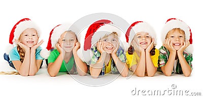 Christmas Kids in Hat, Group of Children Santa Helpers, White Stock Photo