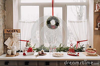 Christmas Kitchen Interior Decorated Xmas Wreath Stock Photo