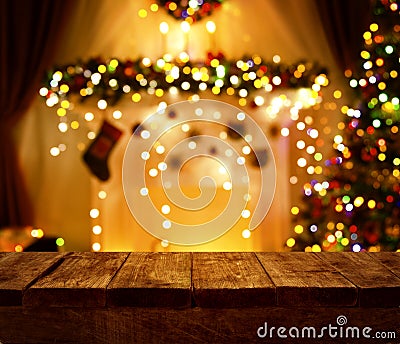 Christmas Kitchen Wood Table, Xmas Holiday Night Lights, Desk Stock Photo