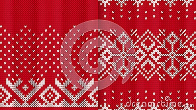 Christmas knit print. Red knitted geometrical textures. Set of seamless patterns. Holiday Xmas winter ornament Vector Illustration