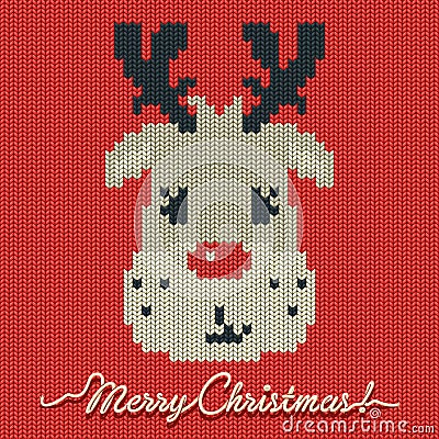 Christmas knitted card or background with a deer Cartoon Illustration