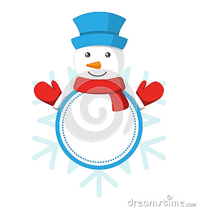 Christmas Label Icon Flat with Snowman on White Vector Illustration