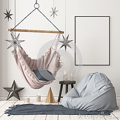 Christmas lag-style interior Mockup Scandinavian interior with a hanging chair. Stock Photo