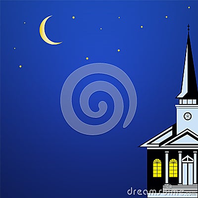 Christmas landscape with Church Spire, moon and stars Vector Illustration