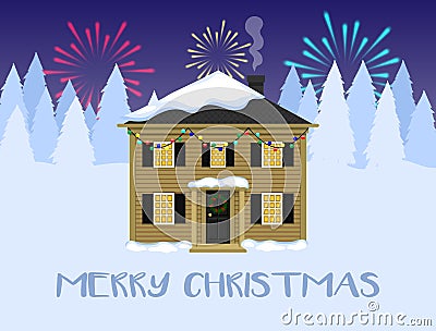 Christmas landscape, house with Christmas decorations Vector Illustration