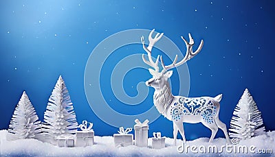 Christmas landscape with white deer cut out of paper, gifts and fir trees Stock Photo