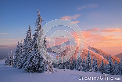 Christmas landscape in the winter mountains at sunset Stock Photo